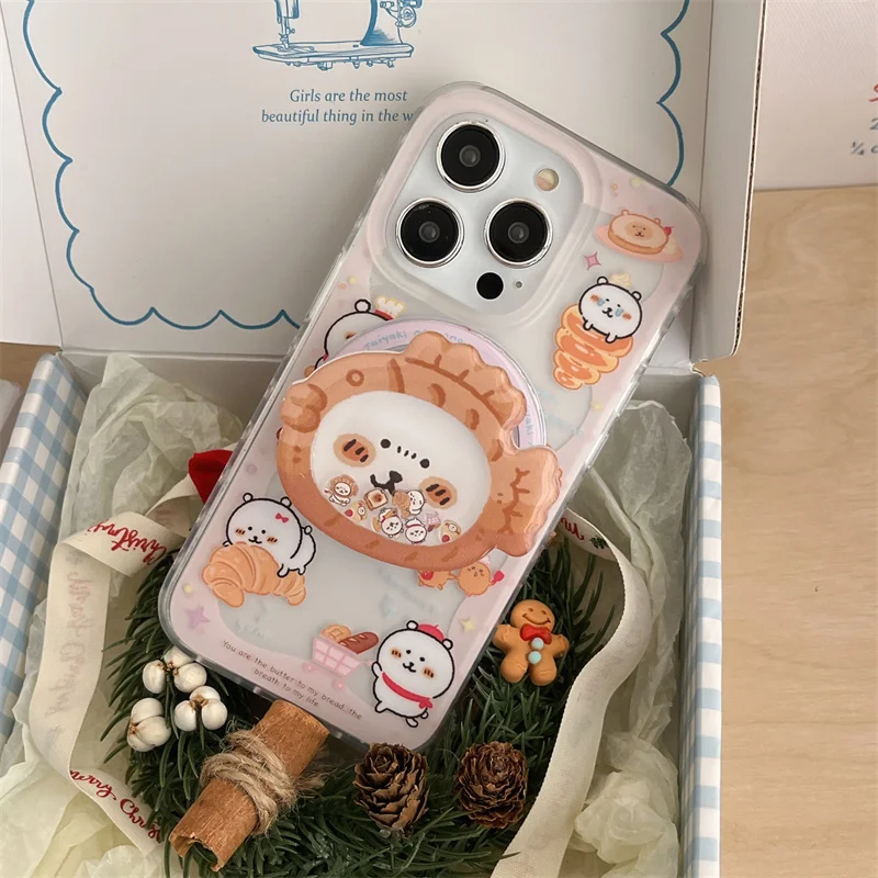 Japan Cartoon Cute Taiyaki Bear  Magsafe Wireless Charge Phone Case For iPhone 16 15 14 13 Pro Max Bear Shake Magnetic Holder