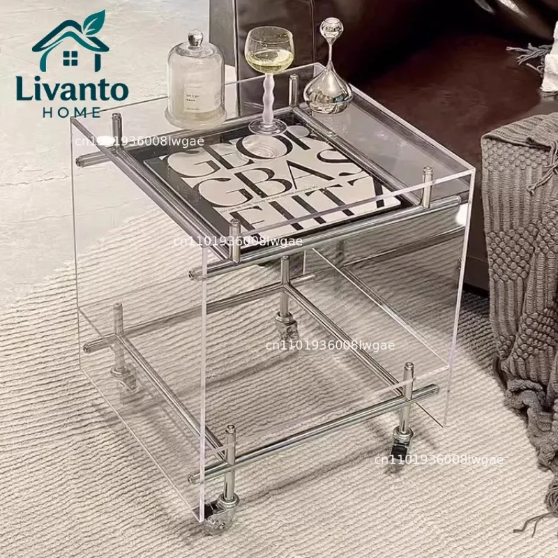

Nordic acrylic small coffee mobile cart Internet celebrity light luxury high sense medieval bedside table sofa side