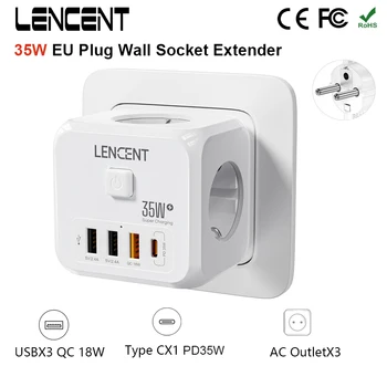 LENCENT Spina UE Presa multipla Presa a muro con 3 AC + 3 USB QC 18W + 1 Tipo C PD 35W Adattatore per caricabatterie rapido Presa 7 in 1 Interruttore on/off