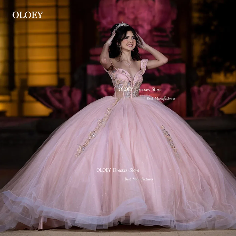 

OLOEY Pink Organza Quinceanera Dresses Off Shoulders Ball Gown Shiny Wedding Dress Plus Size 15- 16 Sweet Girls Birthday