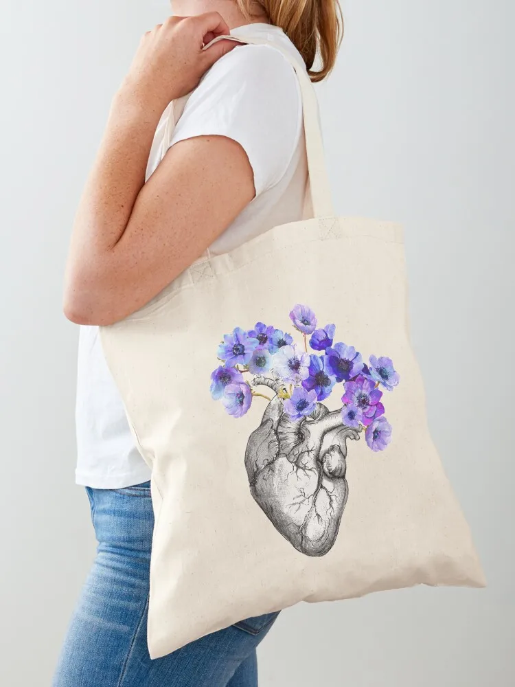 heart, human, anatomy, blue flowers Tote Bag tote bag screen Women's handbag Canvas Tote Bag