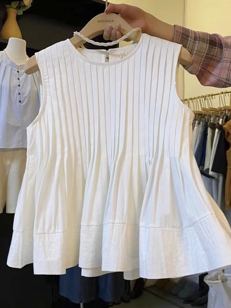 

Korean Sle Sweet Pleated Svel Doll irt Women's Summer New Faion Age Reduction Versatile Vest Top round Ne Pure ...
