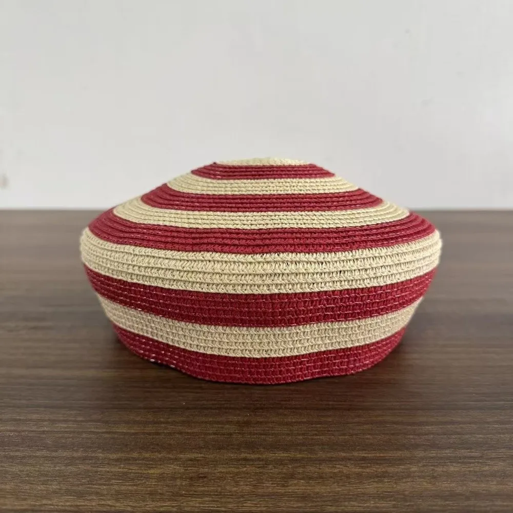 Beach Cap Striped Pattern Straw Top Hat Paper Straw Wide Brim Dome Cap Breathable Weave Lightweight Sun Hat Fashion Women