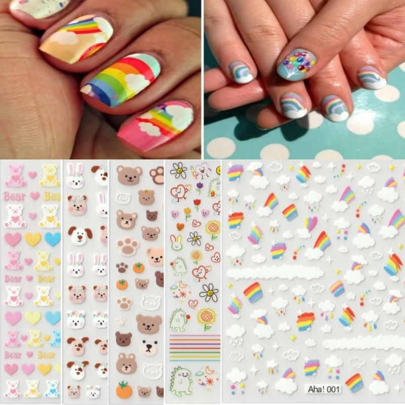 1 Sheet 3D nail Art Stickers Kawaii Colorful Cartoon Cute Bear Rainbow Flower Back Adhesive DIY Manicure Slider Decoration Decal