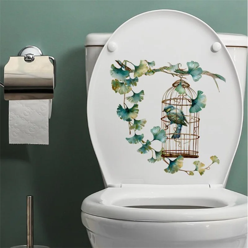 1PCS Self Adhesive Painted Ginkgo Leaves Tree Branches Birdcage Toilet Wall Stickers For Bedroom Bathroom Mural Home Decoration