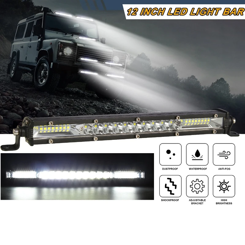 Barra de luz LED para caminhão SUV off-road, luzes do telhado de trabalho, feixe de inundação, lâmpadas de condução, 12 \