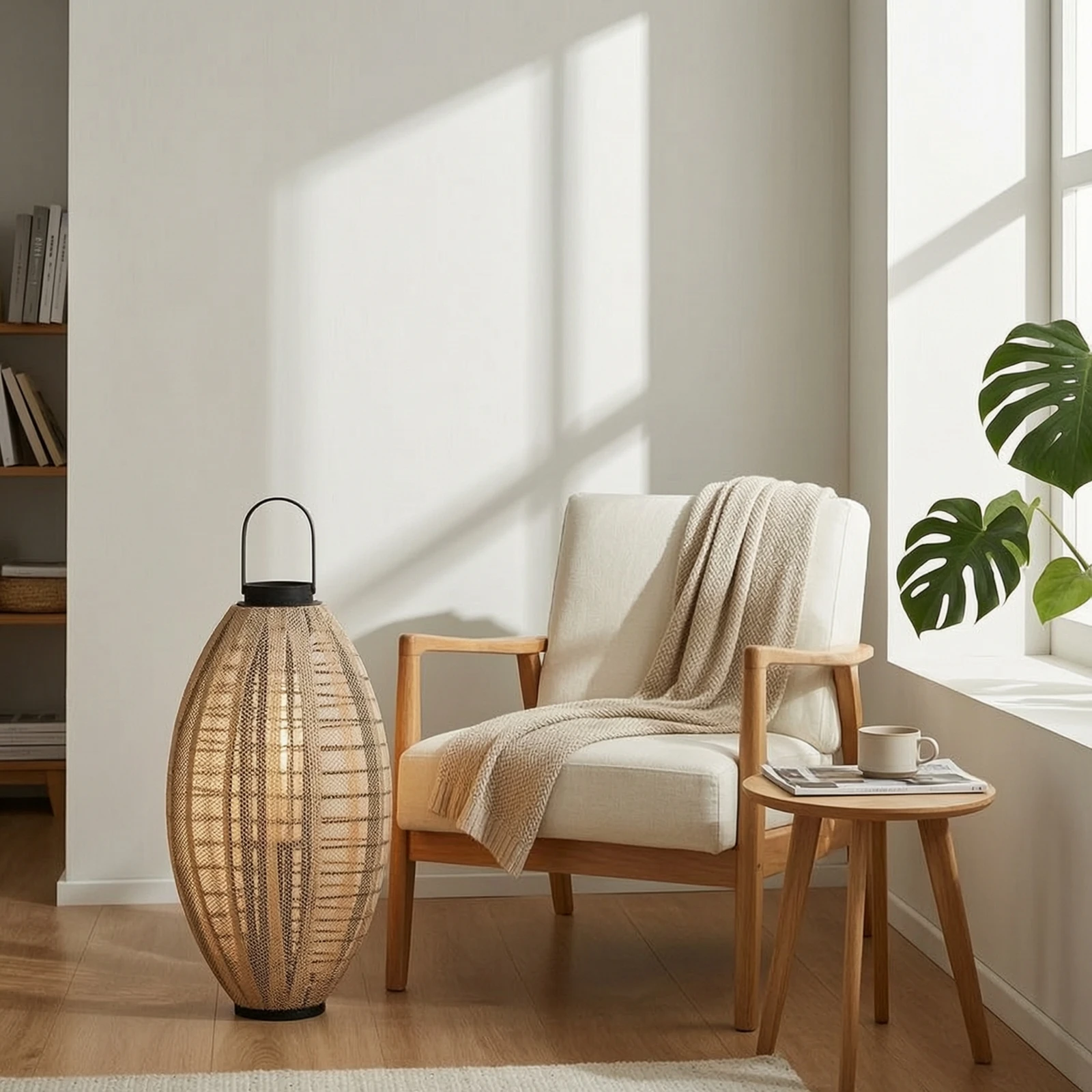 Woven Floor Lantern Decorative Standing Lantern with Handle Mesh Floor Lamp Ambient Accent Light Warm for Entryway, Lounge