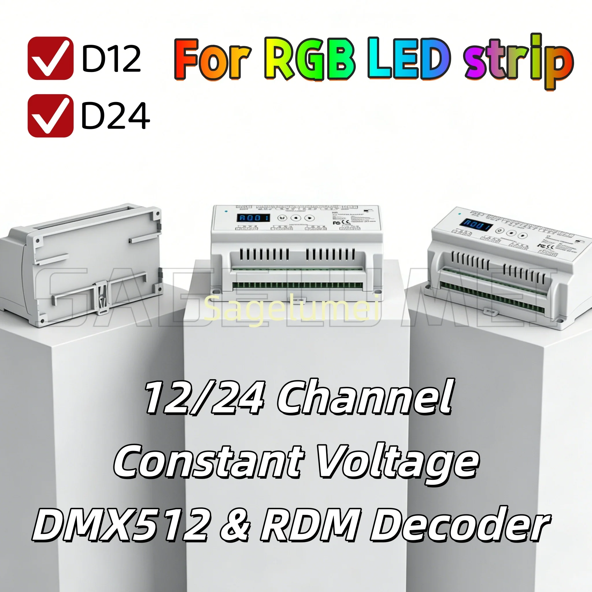 

Контроллер диммирования RGB LED лент 12-24VDC, 12/24 канала, CV, для установки на DIN-рейку, DMX, RDM, декодер DMX 512 для сценического освещения