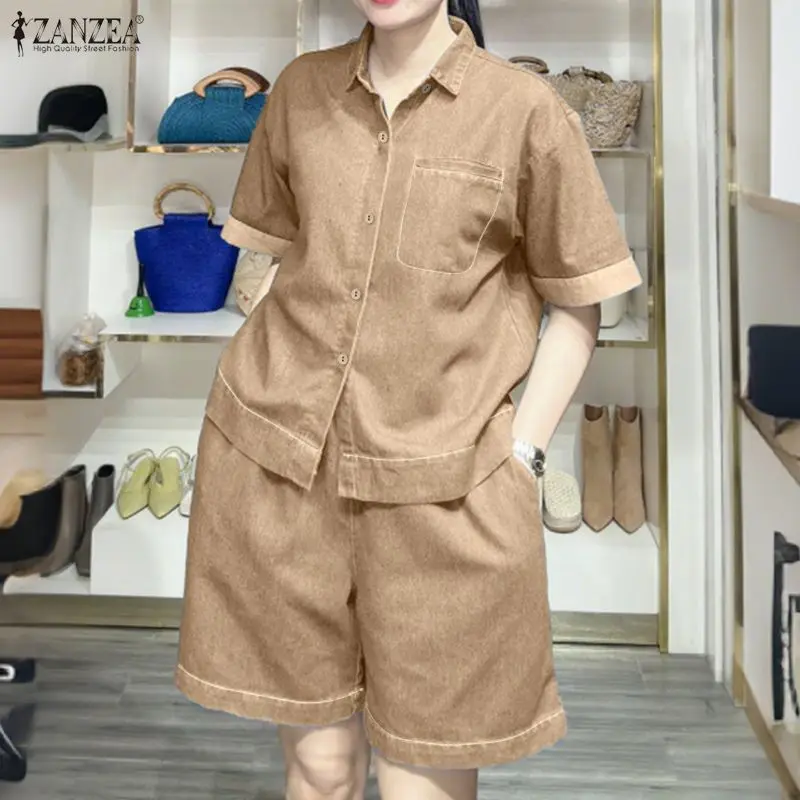 

ZANZEA Summer Women's False-Denim Short Suits Short Sleeve Shirt & Elastic Waist Shorts 2 Pieces Sets Casual Loose Sets Outfits