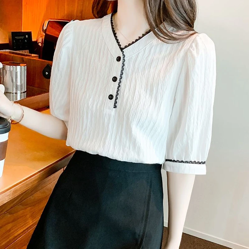 Sweet Black Lace Patchwork Shirt Tops Summer New V Neck Short Sleeve Solid Color Elegant Blouse Korean Fashion Women Clothing