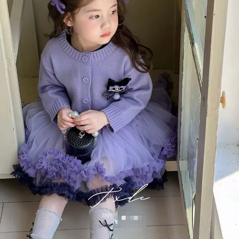 

Kawaii Kuromi Sanrio Children Cute Cartoon Princess Dress Student Long Sleeve Comfortable Sweater Cardigan Gift for Kids