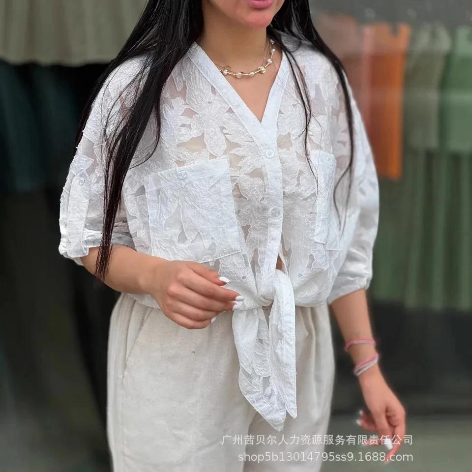 

2025 New Women Pure Color Jacquard Medium Sleeve Tie Belt V Neck Long Sleeve Shirt White Plus Size Fashion Top