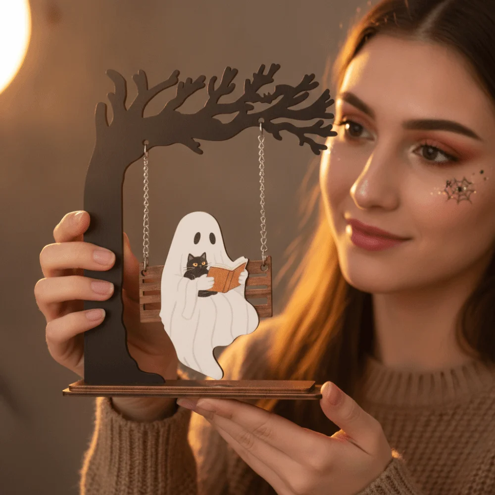 Laser-cut Ghost Swing Ornament Freestanding Eco-friendly Wooden Halloween Crafts Lightweight Rustic Spooky Tree Sculpture