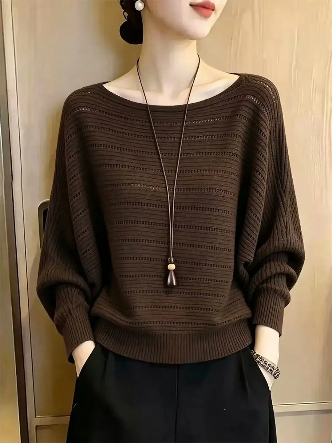 Large Size Coffee Color One Shoulder Hollow Long Sleeve Knitted Sweater Women's Loose Versatile Meticulous Top Casual Style