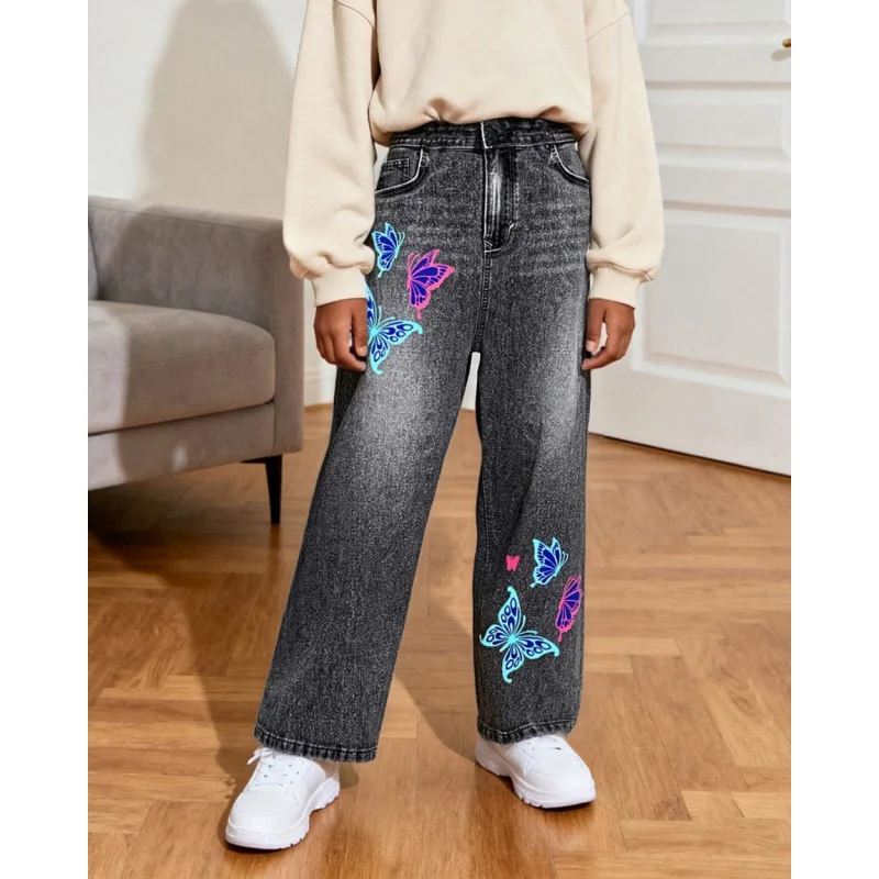 Модные повседневные широкие брюки для девочек 2025 года — цветной принт бабочки — свободные детские брюки из искусственного денима