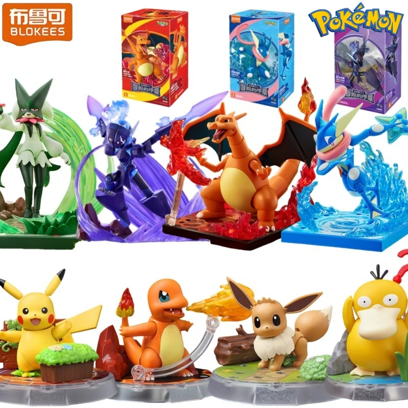 

BLOKEES Building Block Toys Pokemon Pikachu Eevee Charmander Psyduck Sprigatito Riolu Action Assemble Model Desktop Toys Gifts