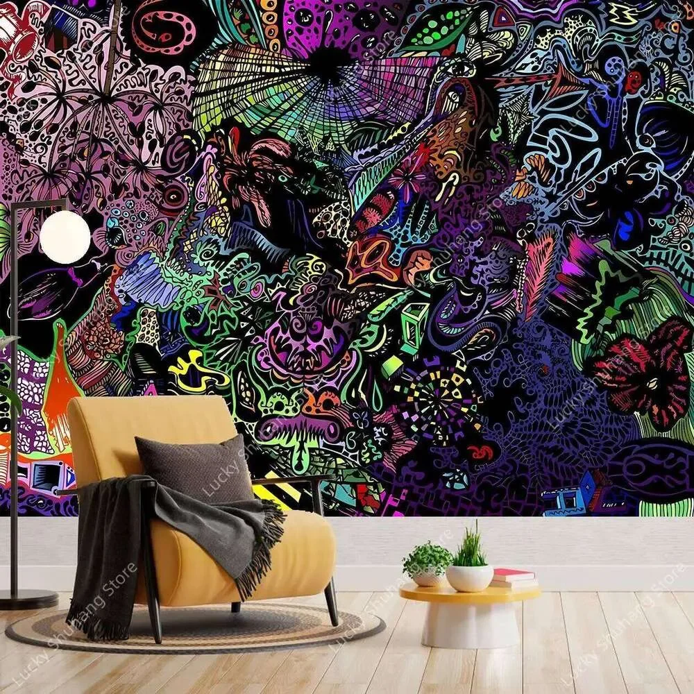 Next Era Visionary Wall Tapestry Surreal Fantasy Creatures Neon Bright Colors Hand Drawn Psychedelic Art Modern Room Decor 26Y06