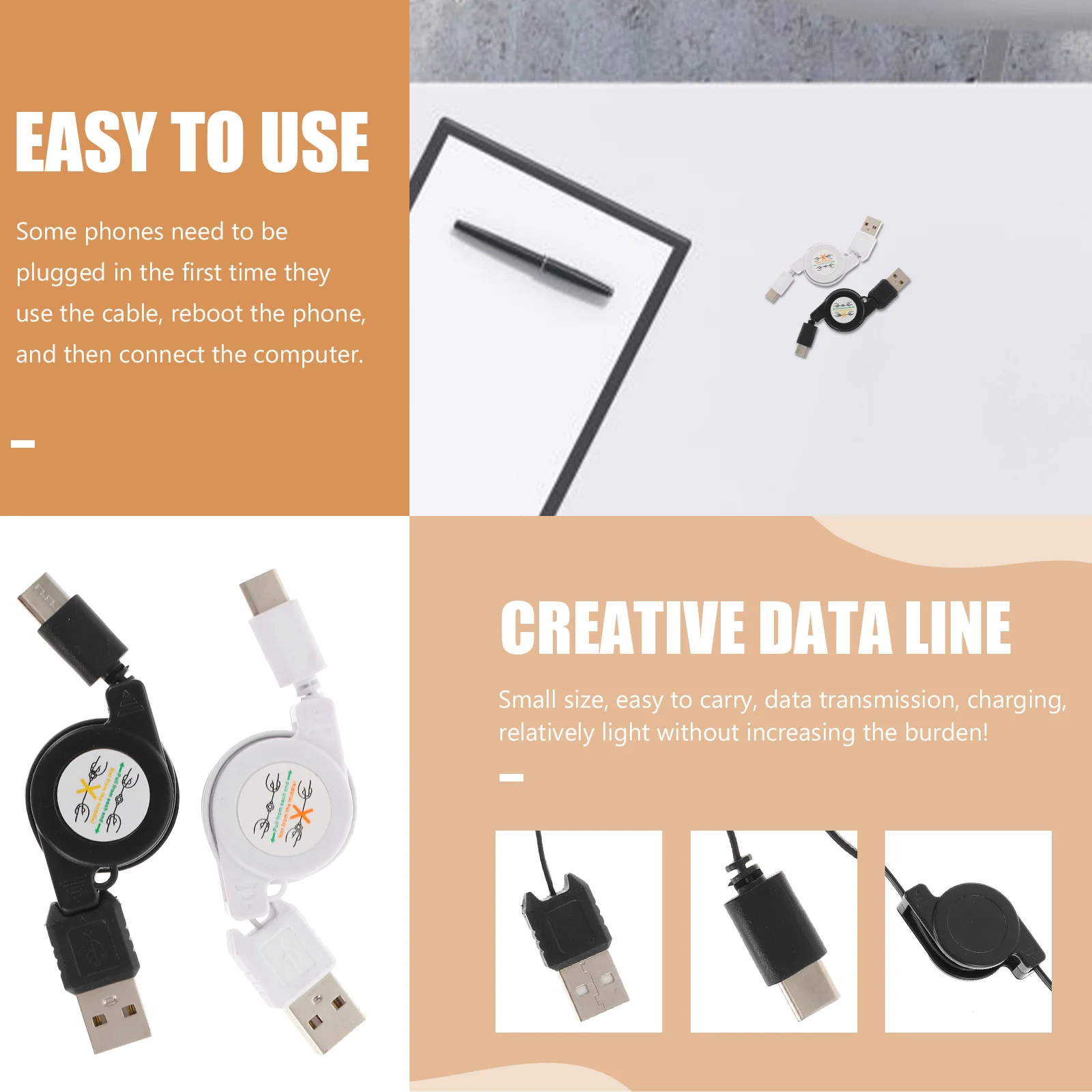 

2pcs 80cm Retractable Type C Data Cable Fast Charging Portable USB Phone Black White Durable Charging Line