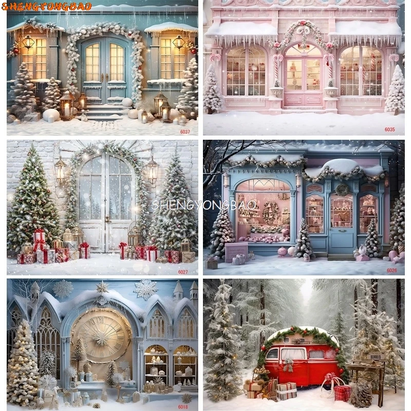 

SHENGYONGBAO Christmas Tree Flower Wreath Wooden Gift Photography Backdrop Window Snowman Cinema New Year Background Prop KK-99