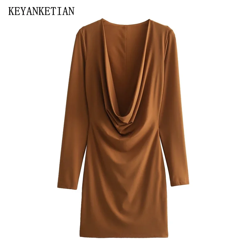 

KEYANKETIAN 2024 New Launch Women's Swinging Collar Pleated Dresses Spring Xshape Sexy Slim Long Sleeve Auburn Sheath Mini Dress