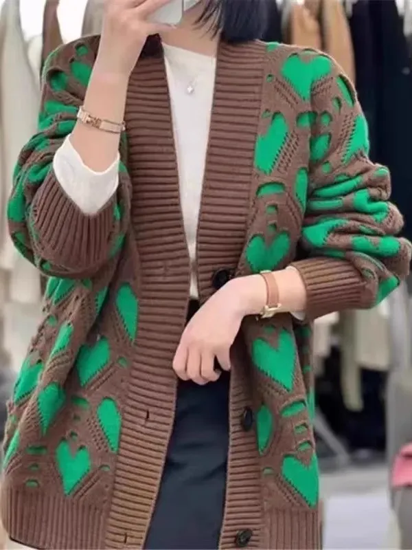 

Высококачественный трикотаж Love Heart Color Blo, верхняя одежда, женский весенне-осенний свободный утягивающий топ Lazy Sle Long Sve V-Ne