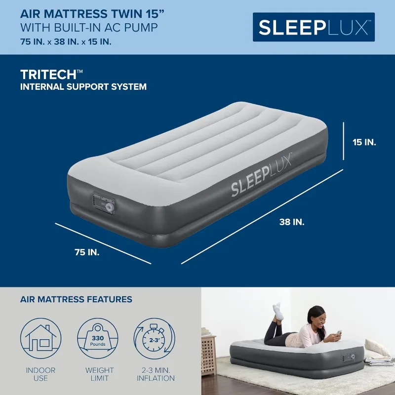 SLEEPLUX Durable Inflatable Air Mattress with Built-in Pump, Pillow and USB Charger, 15