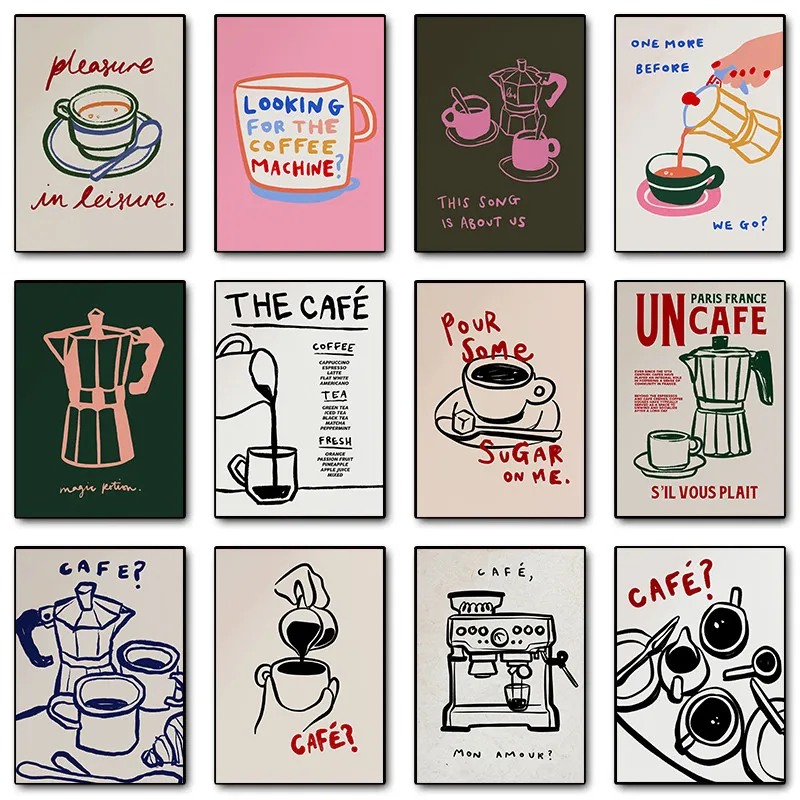 Retro French Cafe Coffee Line Art Wall Art Prints, Aesthetic Coffee Maker Canvas Poster Decor, Kitchen Living Room Home Deco