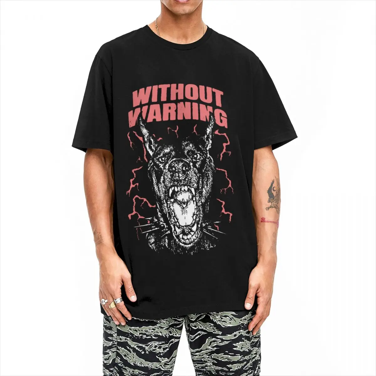 Funny Doberman Without Warning Savage Vintage 90s Bootleg Design Tshirts Unisex Cotton Short Sleeve Round Neck Summer Tops