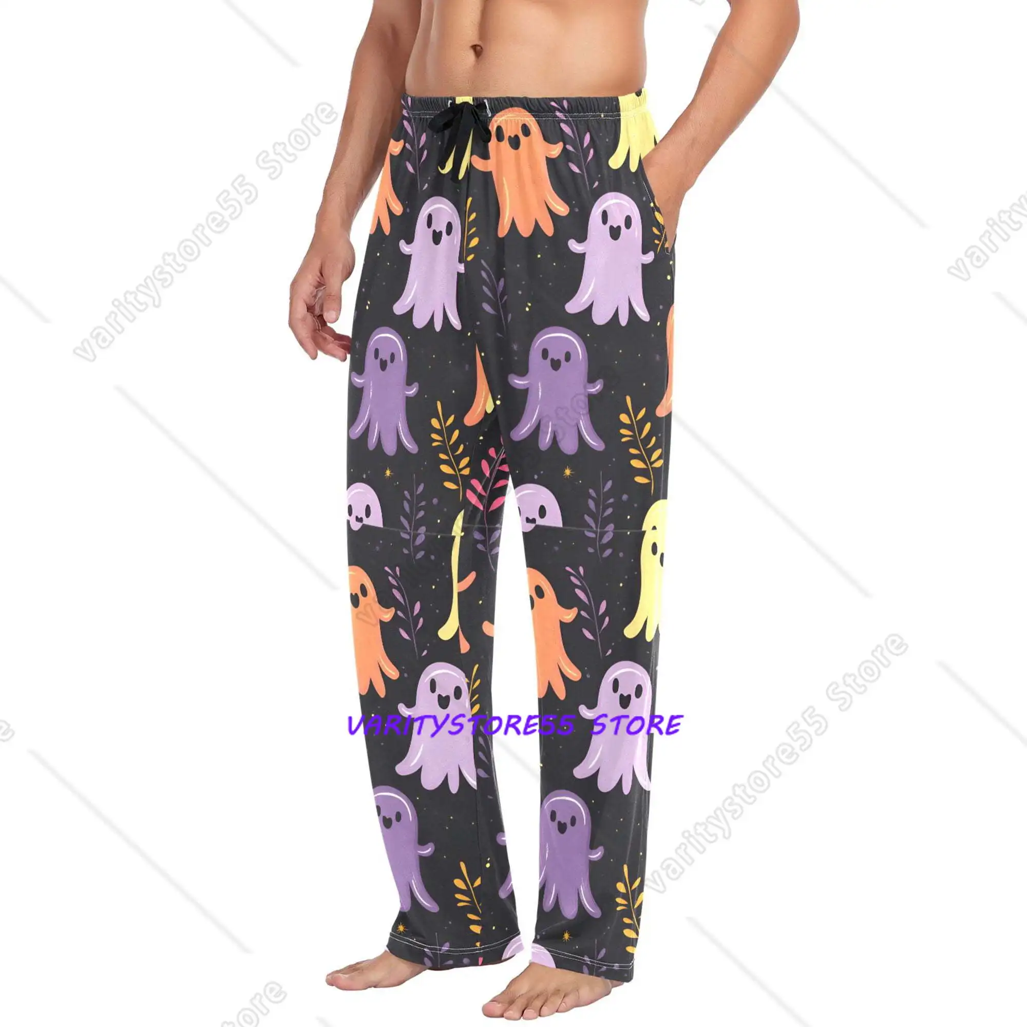Mens Pajama Pants with Pockets Soft Cotton Sleepwear Lounge Bottoms Yellow Halloween Ghosts