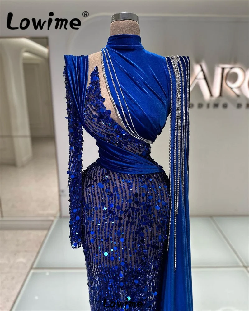 Lowime Royal Blue Velvet Long Cape Sleeve Arabic Evening Dresses Mermaid Celebrity Dress 2024 Wedding Party Dinner Gown For Prom