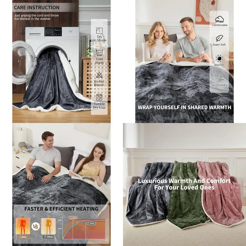 بطانية كهربائية بحجم كينج، تحكم مزدوج، 4 مستويات حرارية، إيقاف تلقائي، مخمل ناعم، قابل للغسل في الغسالة، معتمدة من ETL، 90x100 Gre #1