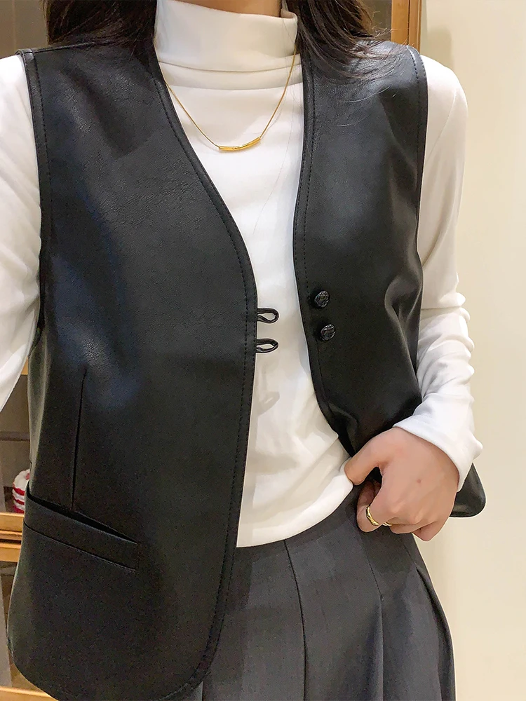 เสื้อกั๊กหนัง PU สไตล์วินเทจสำหรับผู้หญิง พร้อมแผ่นเสริมไหล่  แฟชั่นฤดูใบไม้ร่วงและฤดูหนาว เหมาะสำหรับใส่ทำงาน สี