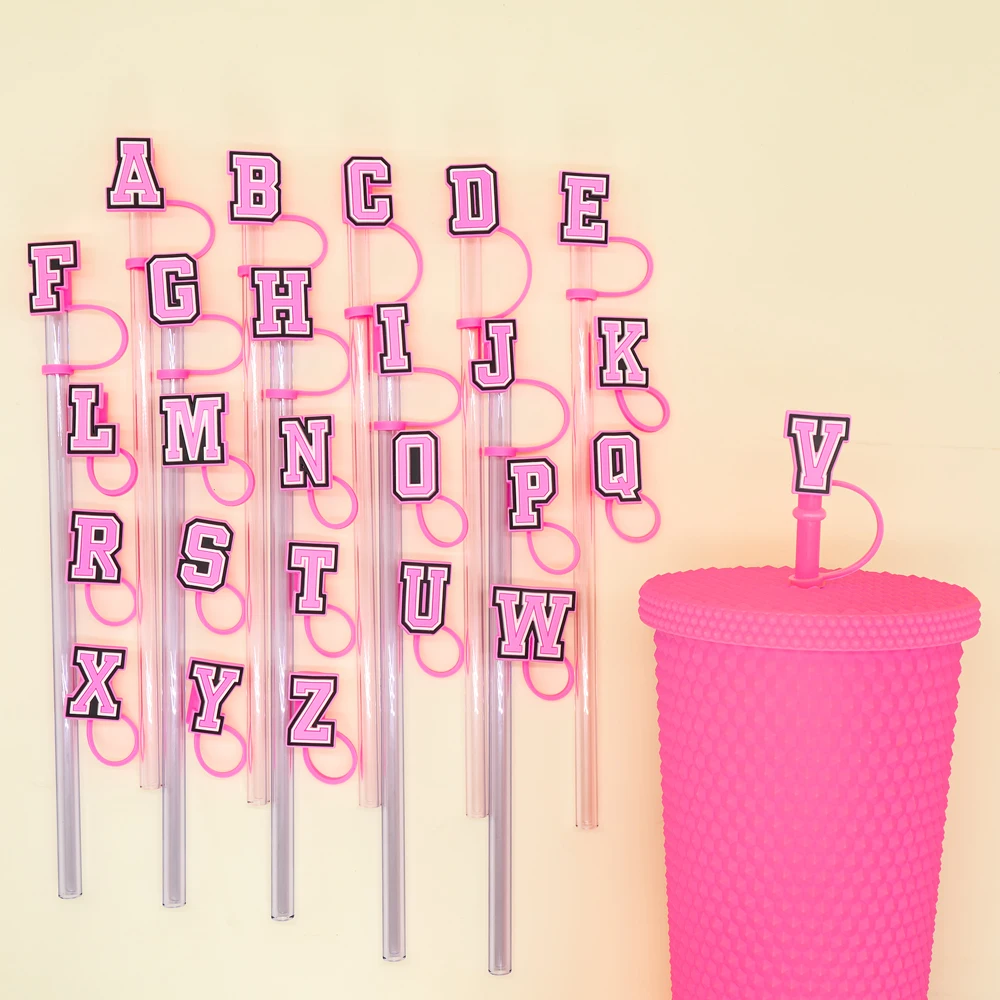1/26PCS Pink Letter Straw Topper,8mm Splashproof Silicone Straw Cover for 30&40Oz Cup Dust Plug,Reusable Straw Caps Accessories