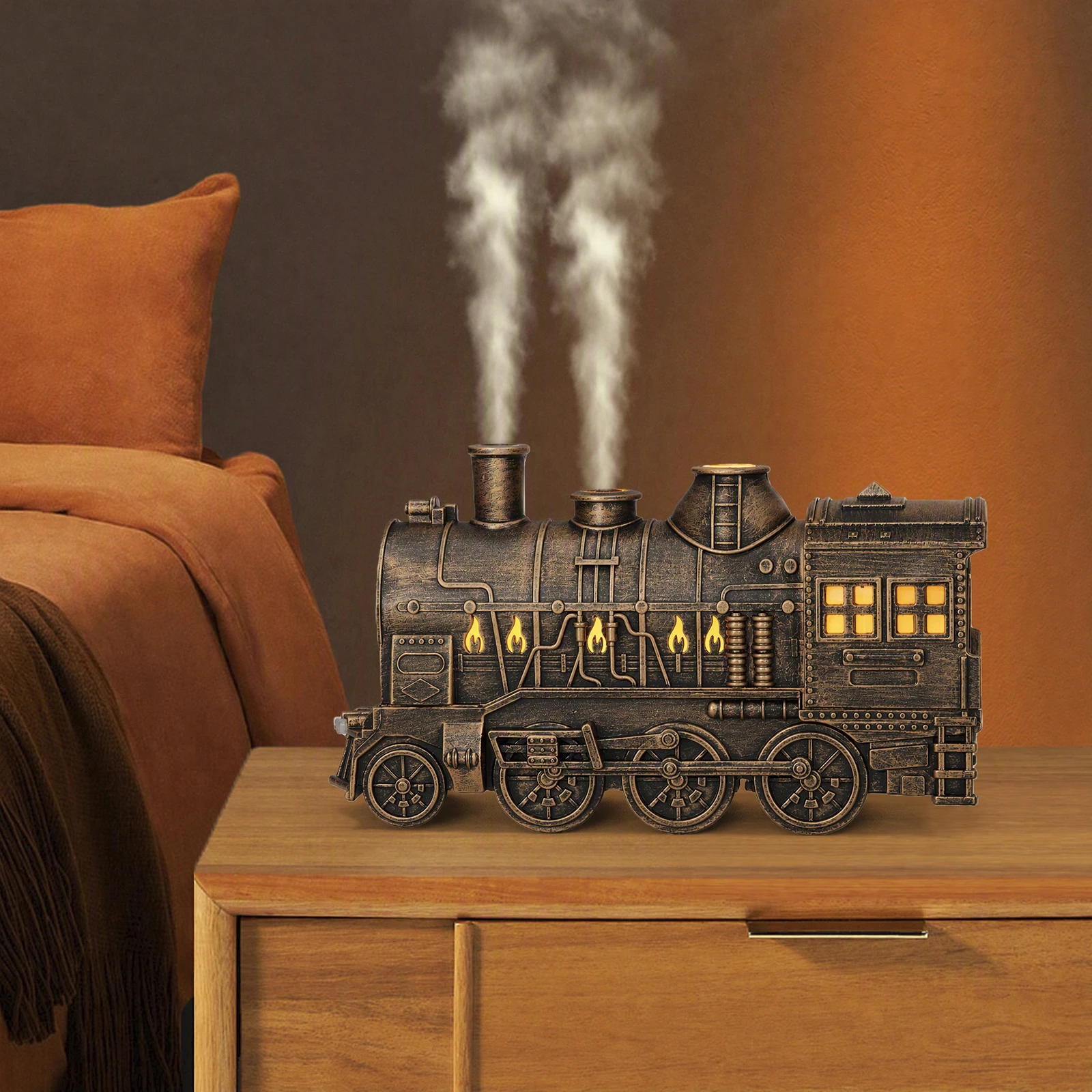 Retro Train Essential Oil Aroma Diffuser with RC Vintage Steam Train Humidifier 2-Color LED for Bedroom Living Room Night Light
