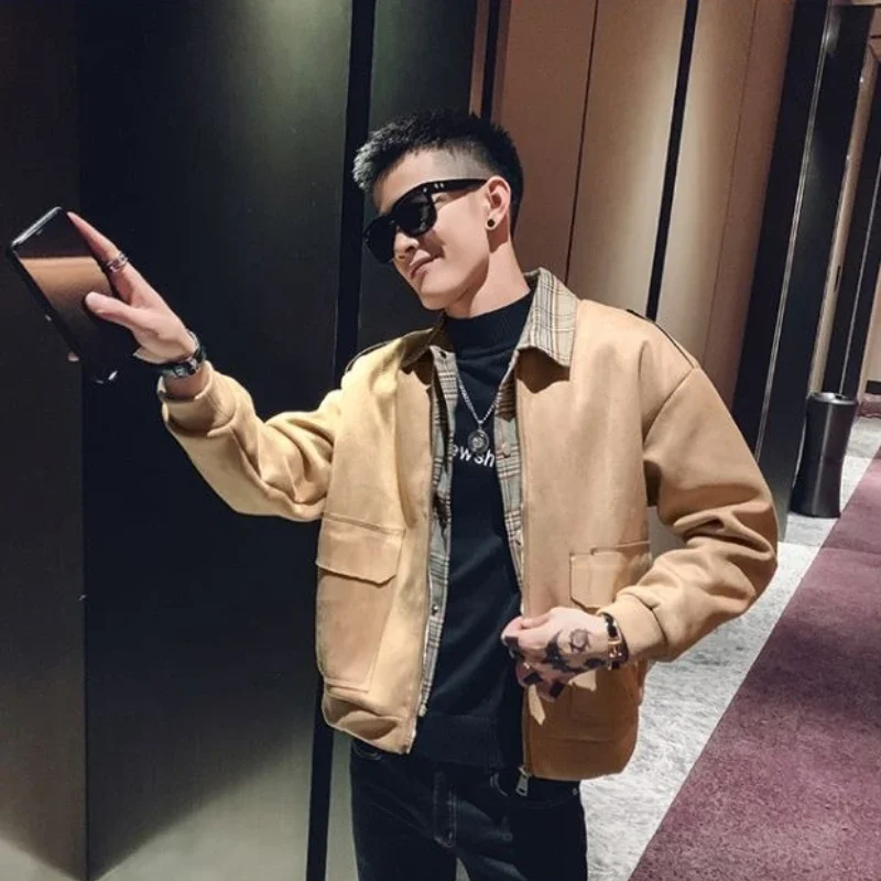 

2025 New Men's Streetwear Jacket Korean Style Pseudo Layered Blazer with Detachable Collar for Versatile Outfits