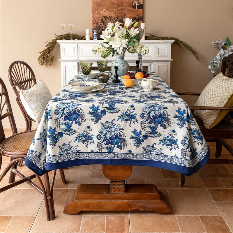 

Linen Tablecloth Waterproof Diningtable Cloth Art New Chinese Modern Coffeetable Tablecloth Blue and White Decor Cover Cloth