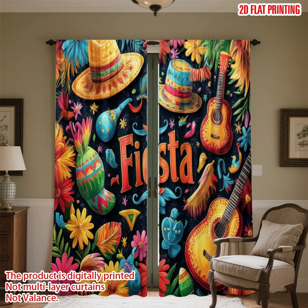 

2D flat printing 2pcs Curtain Mexican Fiesta Celebration Digital Printed Polyester Drapes Festive Curtains for Booths Studio