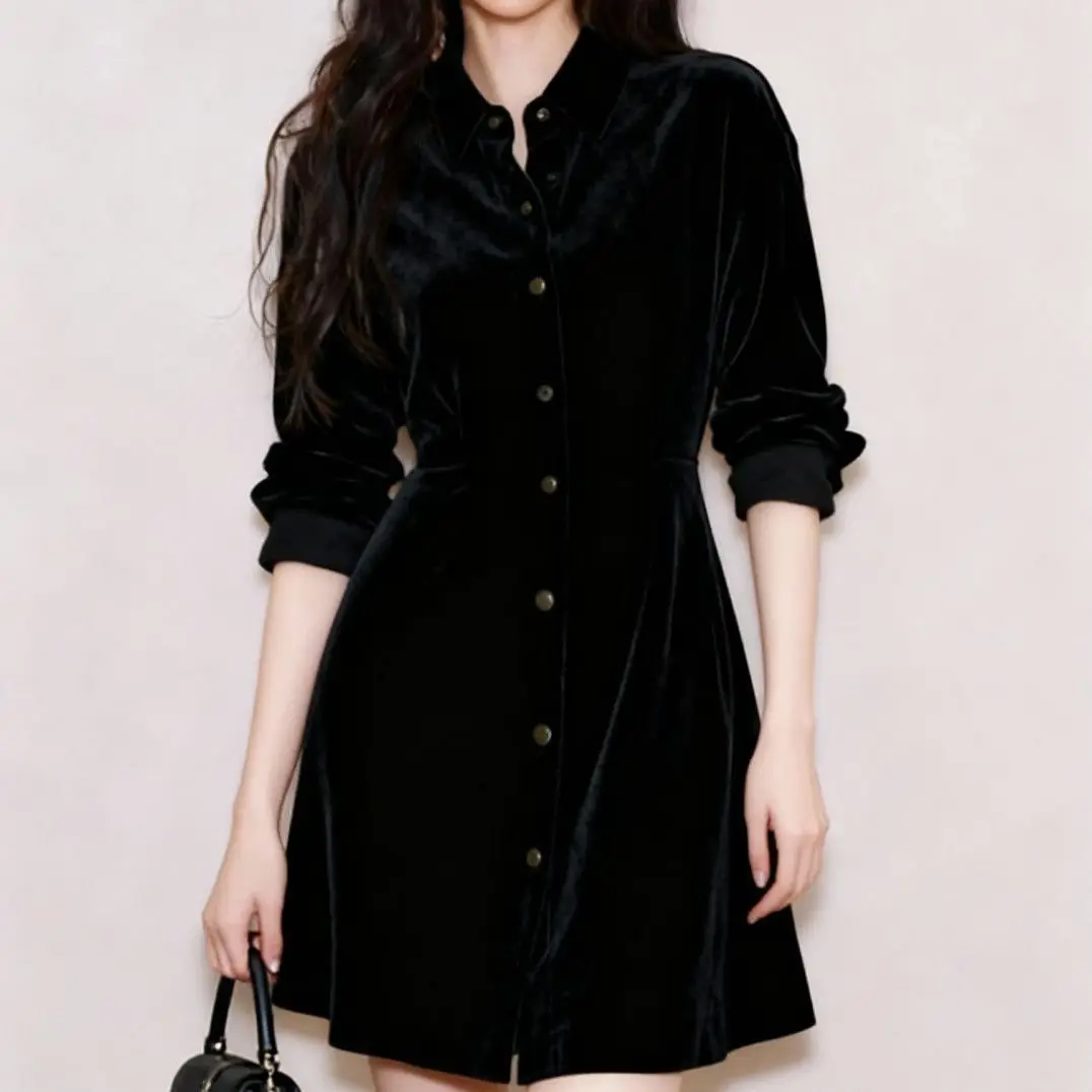

Super good-looking elegant temperament hip dress women's autumn and winter new beautiful black velvet dress