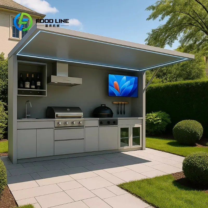 Customized Stainless Steel Outdoor Kitchen Pod With Electric Door Weatherproof Shed Custom Size Empty Frame For Garden BBQ