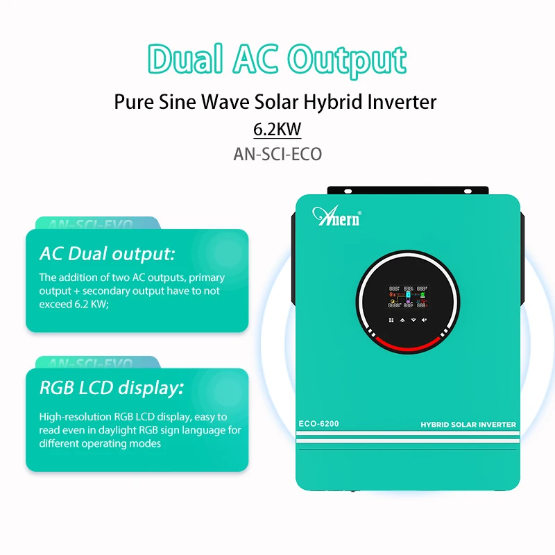 Anern Mppt Solar Inverter 3KW 4.2KW 6.2KW Off Grid 24V 48V Inverter 12V 220V Pure Sine Wave Dual Output MPPT 80A 120A