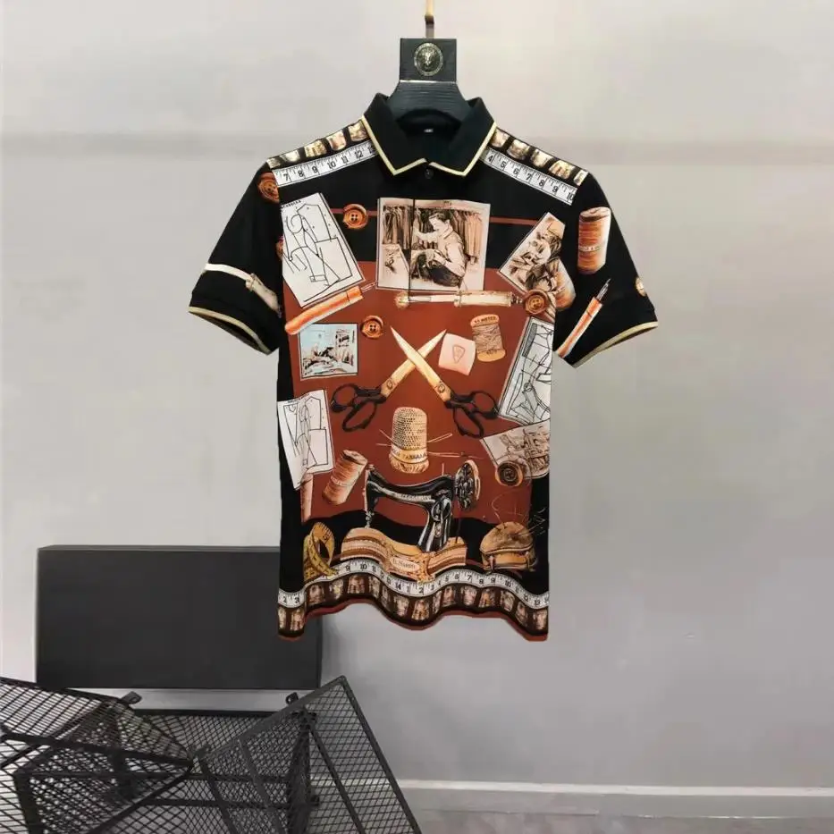 

European and American men's wear summer 2022 new Retro print on short sleeve lapel Fashion cotton T-shirt