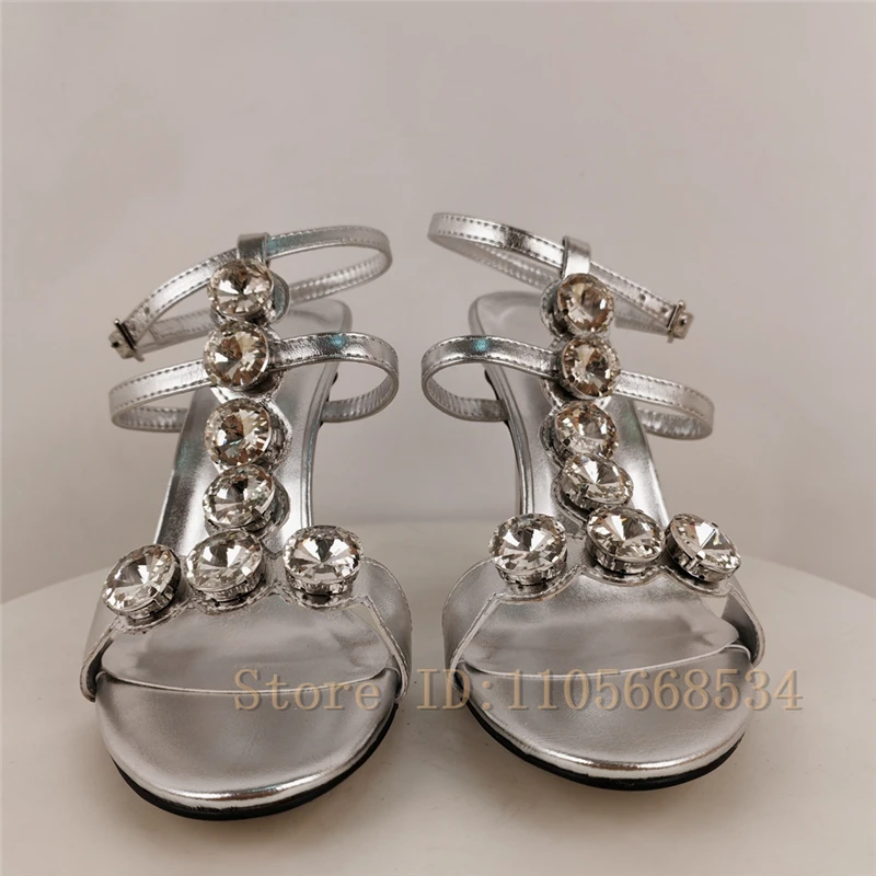 Shiny Rhinestone Decor Stiletto Sandals Women Silver Metallic T-Strap Thin High Heels Luxury Party Evening Galas Dress Shoes