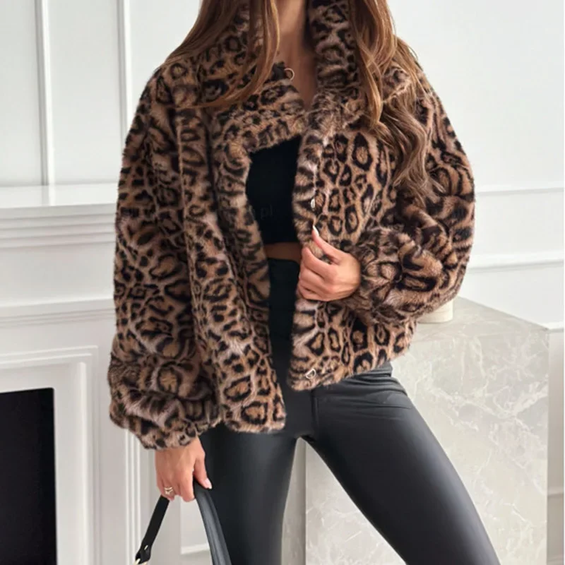 Fashion Artificial Fur Texture Jacket For Woman Elegant Leopard Print Short Women Jacket 2024 Autumn Winter New Women\'s Clothing