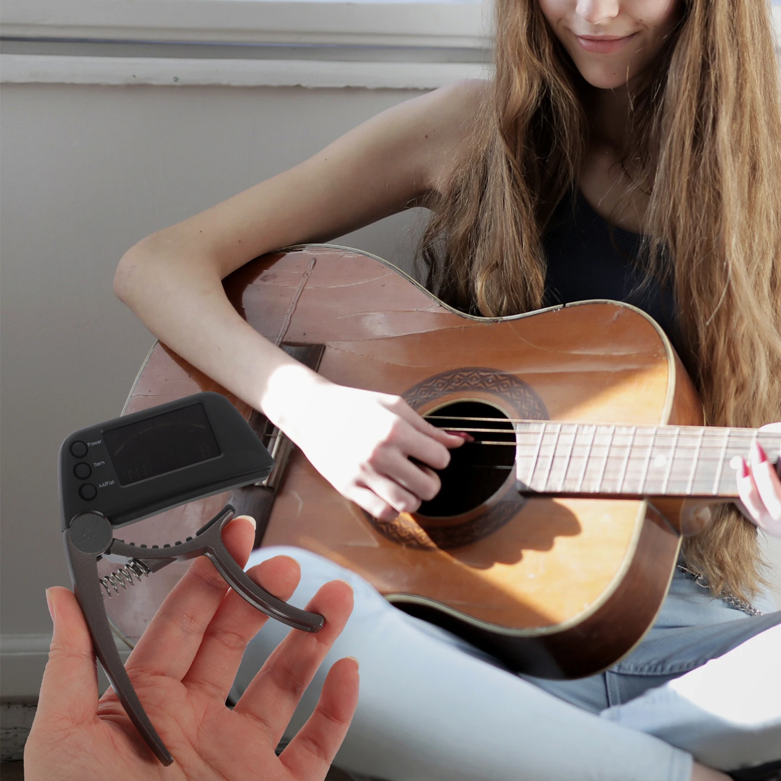

LCD Electric Guitar Tuner And Capo Combined Clip-On Tuner For Acoustic Ukulele Bass Violin And Banjo Instruments