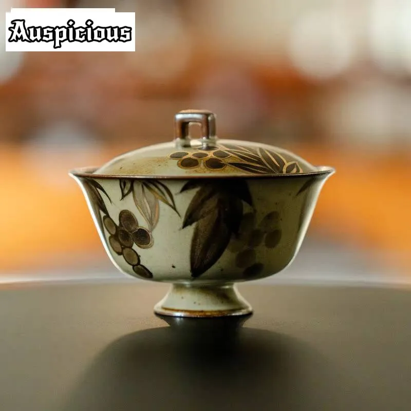 

100ml Antique Pure Hand-painted Blue and White Grapes Gaiwan Retro Painted in Gold Tea Tureen Tea Maker Cover Bowl Teaware Craft