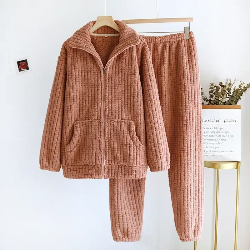 2024 New Autumn/Winter Pajama Set Couple Flannel Long Sleeve Pants Two Piece Coral Fleece Home Fur for Men and Women