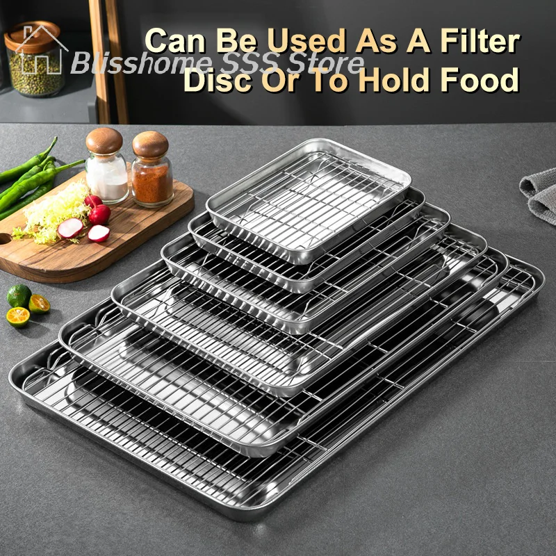 

【S】Stainless Steel Baking Tray With Removable Cooling Rack Set Non-stick BBQ Pan Tray Plate Oven Brownie Rack Cooking