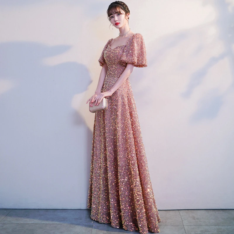 

Sweet Square Collar Wedding Party Guest Pink Dress Luxury Sequined Formal Evening Dresses Women Sweet Sparkle Prom Gown Vestido