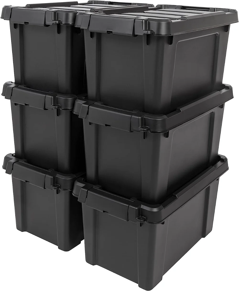 

IRIS USA 5 Gallon Lockable Storage Totes with Lids, 6 Pack - Black, Heavy-Duty Durable Stackable Containers, Large Garage