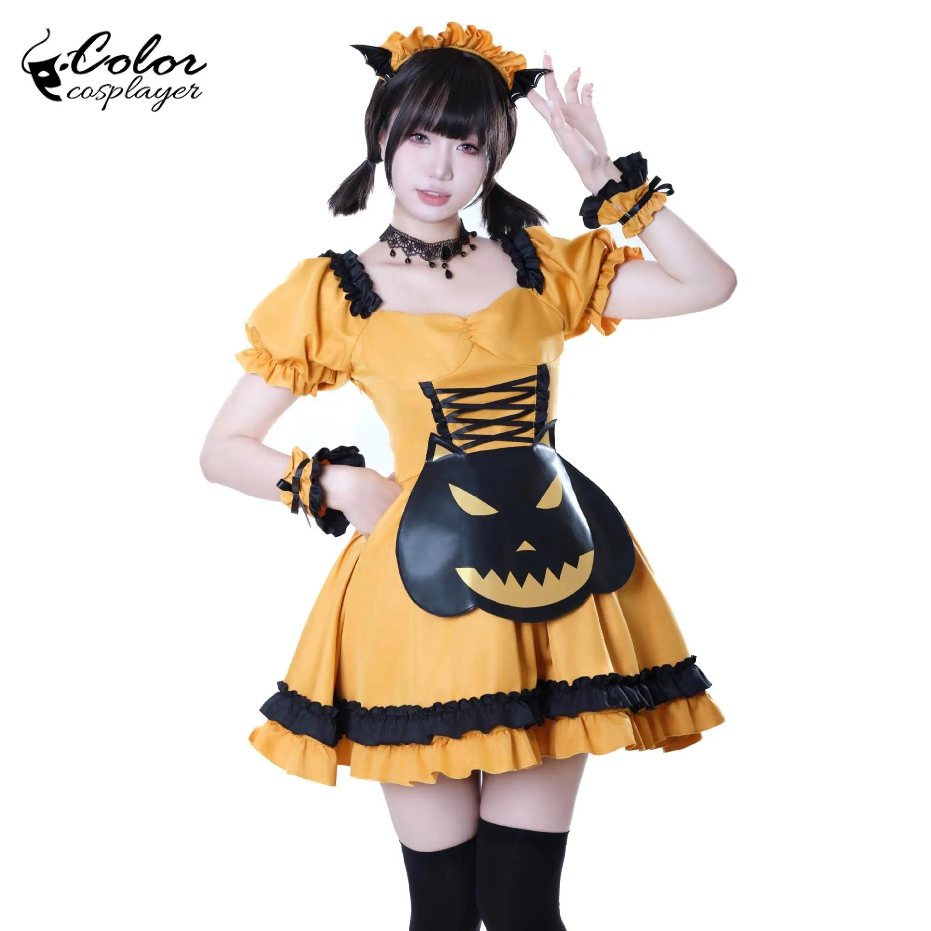 Color Cosplayer Orange Lolita Short Dress Suit Halloween Cosplay Costume Kawaii Witch Lolita Carnival Pumpkin Apron Dress